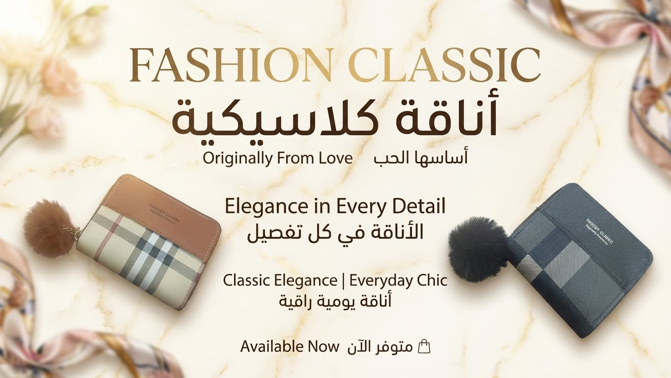 Fashion Classic Wallet – محفظة نسائية أنيقة بسحاب وتعليقة فرو