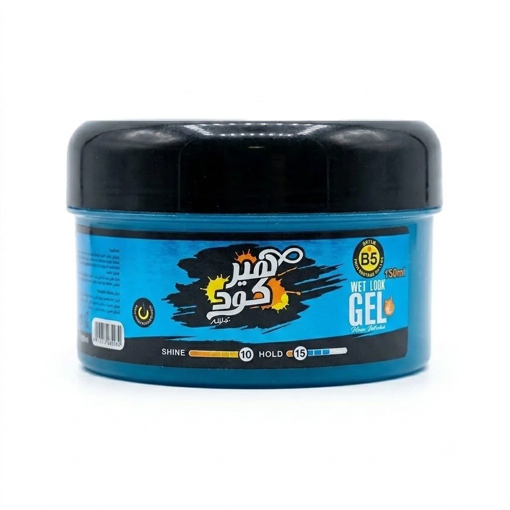 haircode-wet-look-gel-150ml جل شعر هير كود أزرق مظهر مبلل wet look بحجم 150 مل عبوة دائرية بغطاء أسود