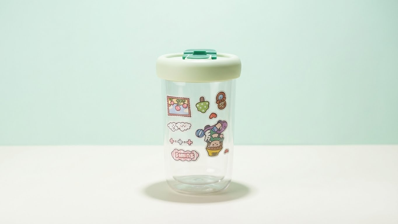 كوب مشروبات بلاستيك شفاف للأطفال – تصميم كرتوني لطيف مع غطاء محكم