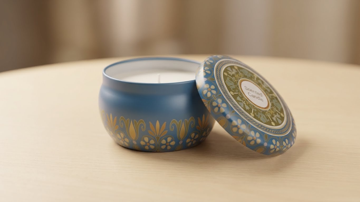 شمعة عطرية في علبة معدنية مزخرفة مع غطاء