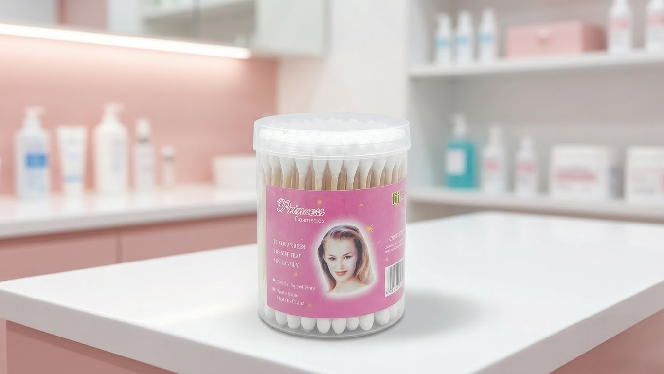 أعواد قطن تجميلية مزدوجة الرأس – عبوة دائرية محكمة