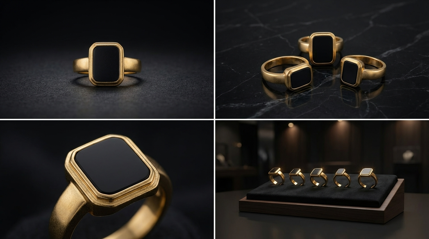 خاتم أنيق بحجر أسود مستطيل مطلي باللون الذهبي – تصميم عصري فاخر