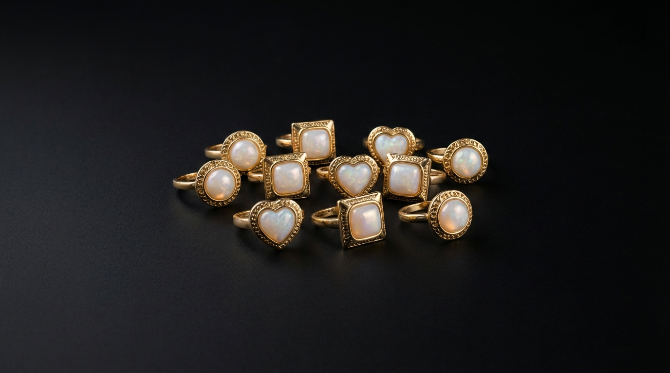 خاتم أنيق بحجر أبيض لؤلؤي لامع مطلي باللون الذهبي – تصميم فاخر