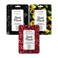 Three Bobana Boost sheet mask packets arranged together, including Skin Purifying Charcoal & Vitamin E, Skin Firming Avocado & Retinol, and Skin Hydrating Pomegranate & Hyaluronic Acid.