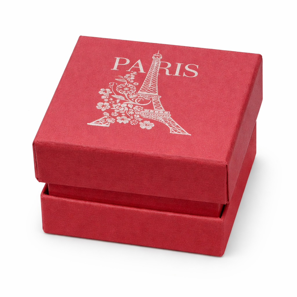 علبة هدايا فاخرة تصميم باريس – علبة مجوهرات حمراء بطباعة برج إيفل