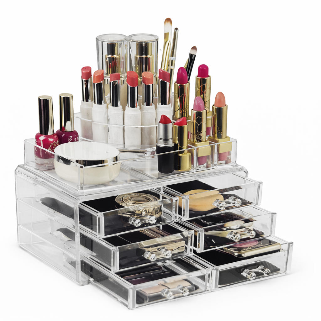 منظم مكياج أكريليك شفاف متعدد الأدراج – علبة تخزين مستحضرات التجميل