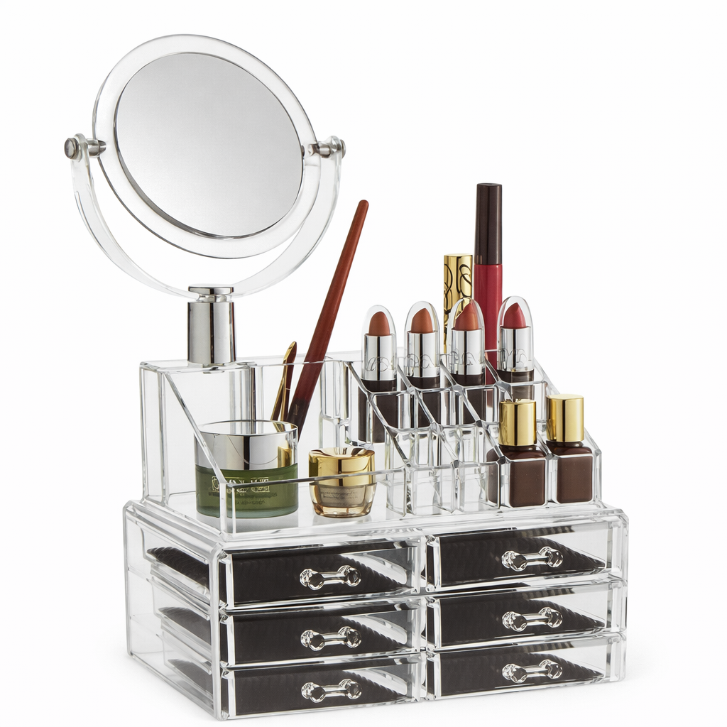 منظم مكياج أكريليك شفاف مع مرآة – علبة تخزين مستحضرات التجميل متعددة الأدراج