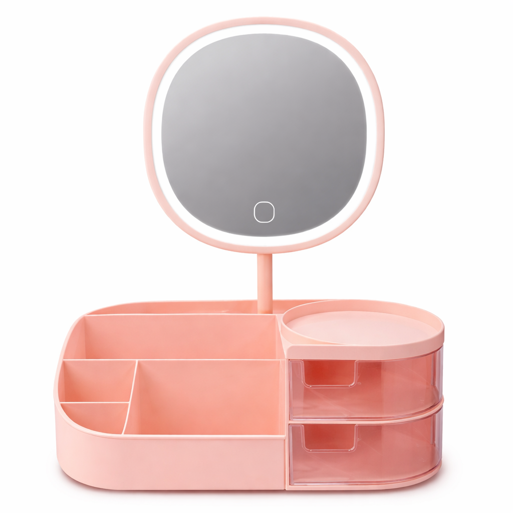 منظم مكياج مع مرآة بإضاءة LED وأدراج تخزين متعددة