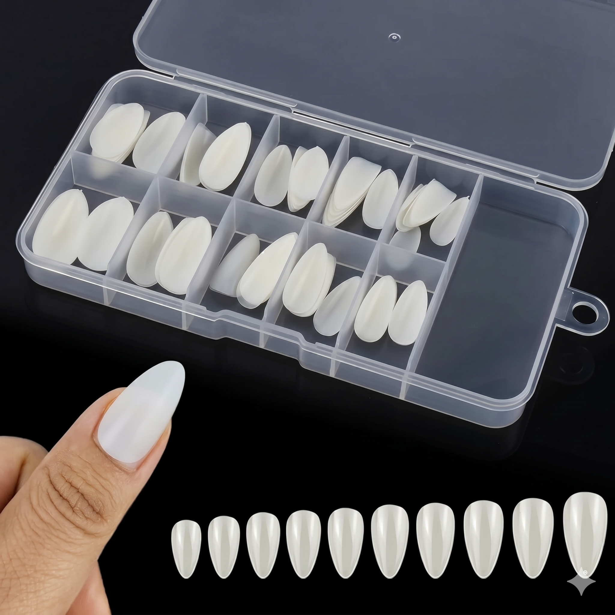 طقم أظافر صناعية 100 قطعة مع علبة تخزين – شكل لوزي (Almond) تغطية كاملة – Natural False Nail Tips