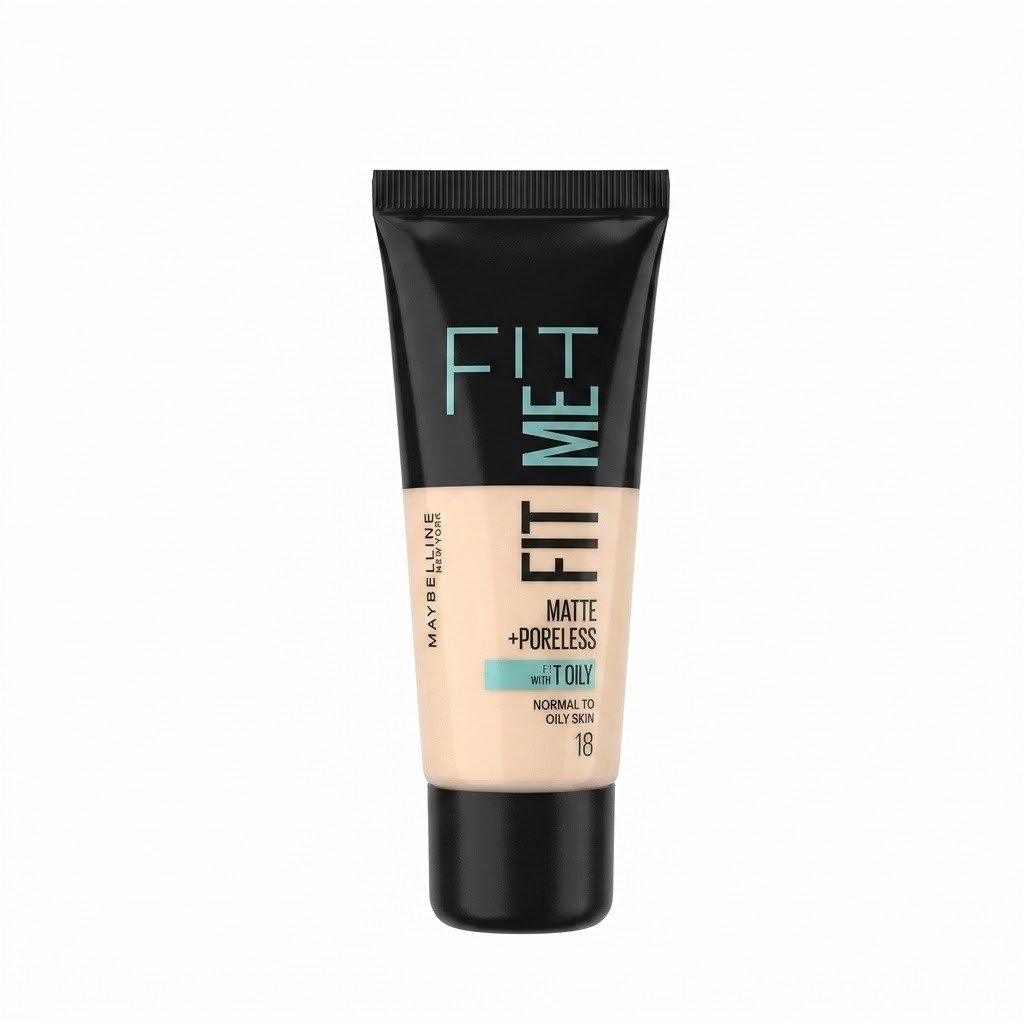 maybelline-fit-me-matte-poreless-foundation-shades سبعة أنابيب من كريم أساس ميبيلين فيت مي مات وبورليس (Maybelline Fit Me Matte + Poreless) بدرجات بشرة مختلفة، مرتبة في صف واحد على خلفية بيضاء.