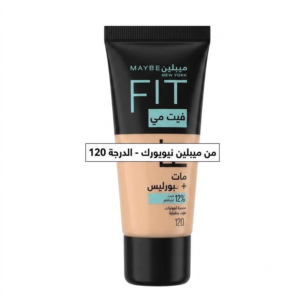 maybelline-fit-me-matte-poreless-foundation-shades سبعة أنابيب من كريم أساس ميبيلين فيت مي مات وبورليس (Maybelline Fit Me Matte + Poreless) بدرجات بشرة مختلفة، مرتبة في صف واحد على خلفية بيضاء.