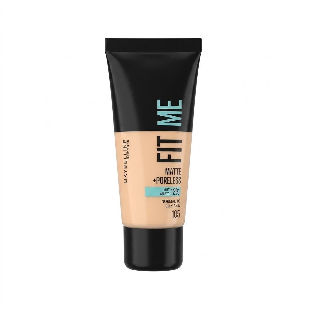 maybelline-fit-me-matte-poreless-foundation-shades سبعة أنابيب من كريم أساس ميبيلين فيت مي مات وبورليس (Maybelline Fit Me Matte + Poreless) بدرجات بشرة مختلفة، مرتبة في صف واحد على خلفية بيضاء.