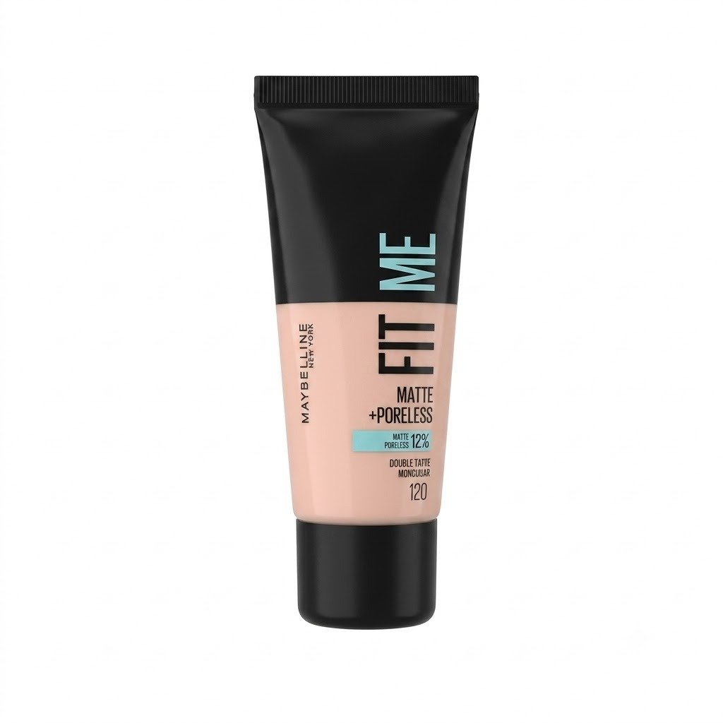 maybelline-fit-me-matte-poreless-foundation-shades سبعة أنابيب من كريم أساس ميبيلين فيت مي مات وبورليس (Maybelline Fit Me Matte + Poreless) بدرجات بشرة مختلفة، مرتبة في صف واحد على خلفية بيضاء.