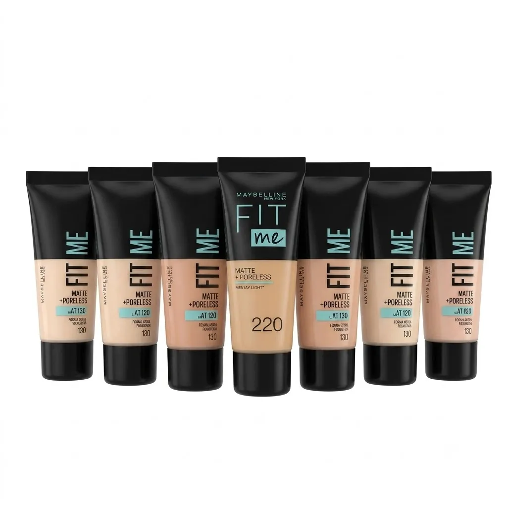 maybelline-fit-me-matte-poreless-foundation-shades سبعة أنابيب من كريم أساس ميبيلين فيت مي مات وبورليس (Maybelline Fit Me Matte + Poreless) بدرجات بشرة مختلفة، مرتبة في صف واحد على خلفية بيضاء.