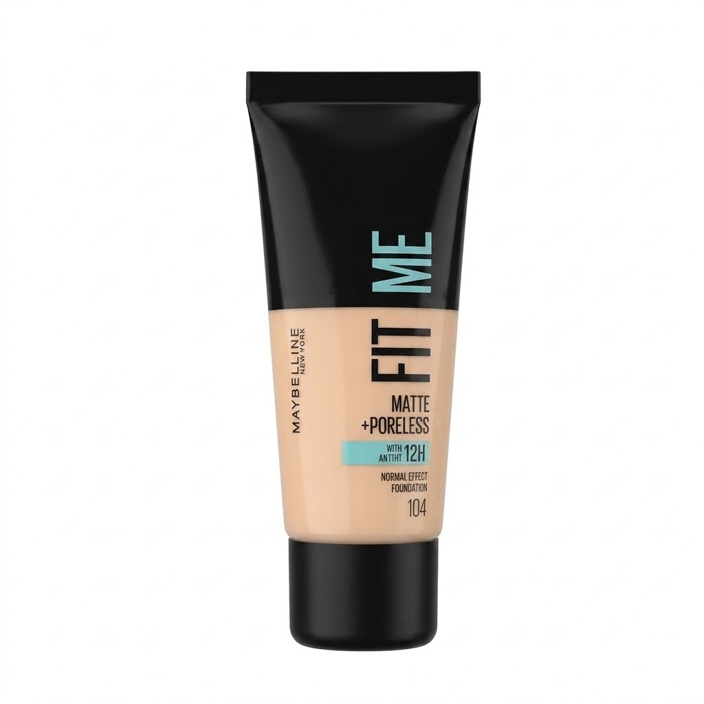 maybelline-fit-me-matte-poreless-foundation-shades سبعة أنابيب من كريم أساس ميبيلين فيت مي مات وبورليس (Maybelline Fit Me Matte + Poreless) بدرجات بشرة مختلفة، مرتبة في صف واحد على خلفية بيضاء.