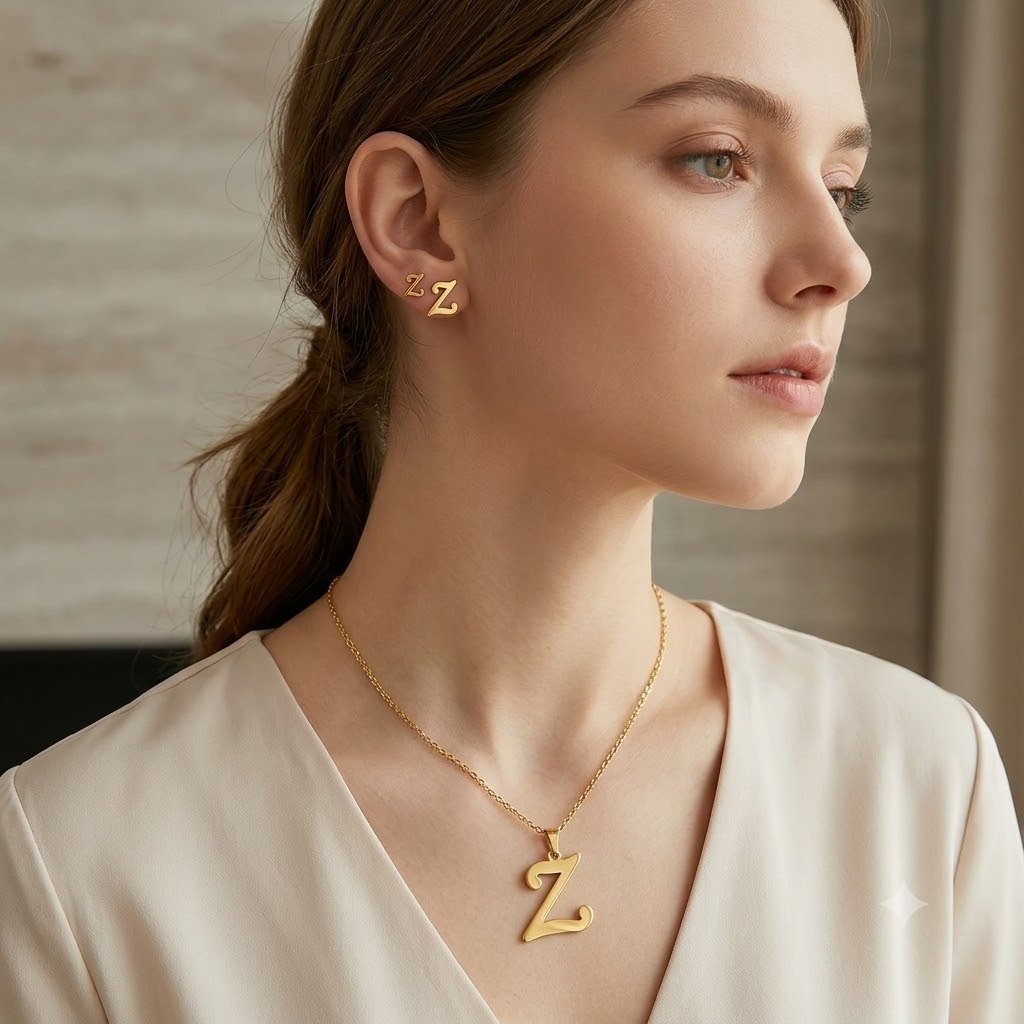 سلسلة الحرف الذهبي الراقية (Initial Necklace) – مطليّة بالذهب ومرصعة بفصوص الزركون اللامعة امرأة ترتدي طقم مجوهرات ذهبي مخصص بحرف Z، يتكون من قلادة بسلسلة ناعمة ودلاية على شكل حرف Z كبير، مع قرطين (حلقين) صغيرين متدرجين بحرف Z في شحمة الأذن.
