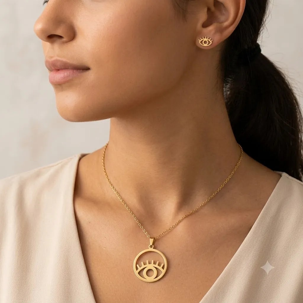 سلسلة الحرف الذهبي الراقية (Initial Necklace) – مطليّة بالذهب ومرصعة بفصوص الزركون اللامعة امرأة ترتدي طقم مجوهرات ذهبي ناعم يتكون من قلادة بسلسلة رقيقة ودلاية دائرية مفرغة على شكل عين مع رموش، وحلق صغير متطابق على شكل عين.