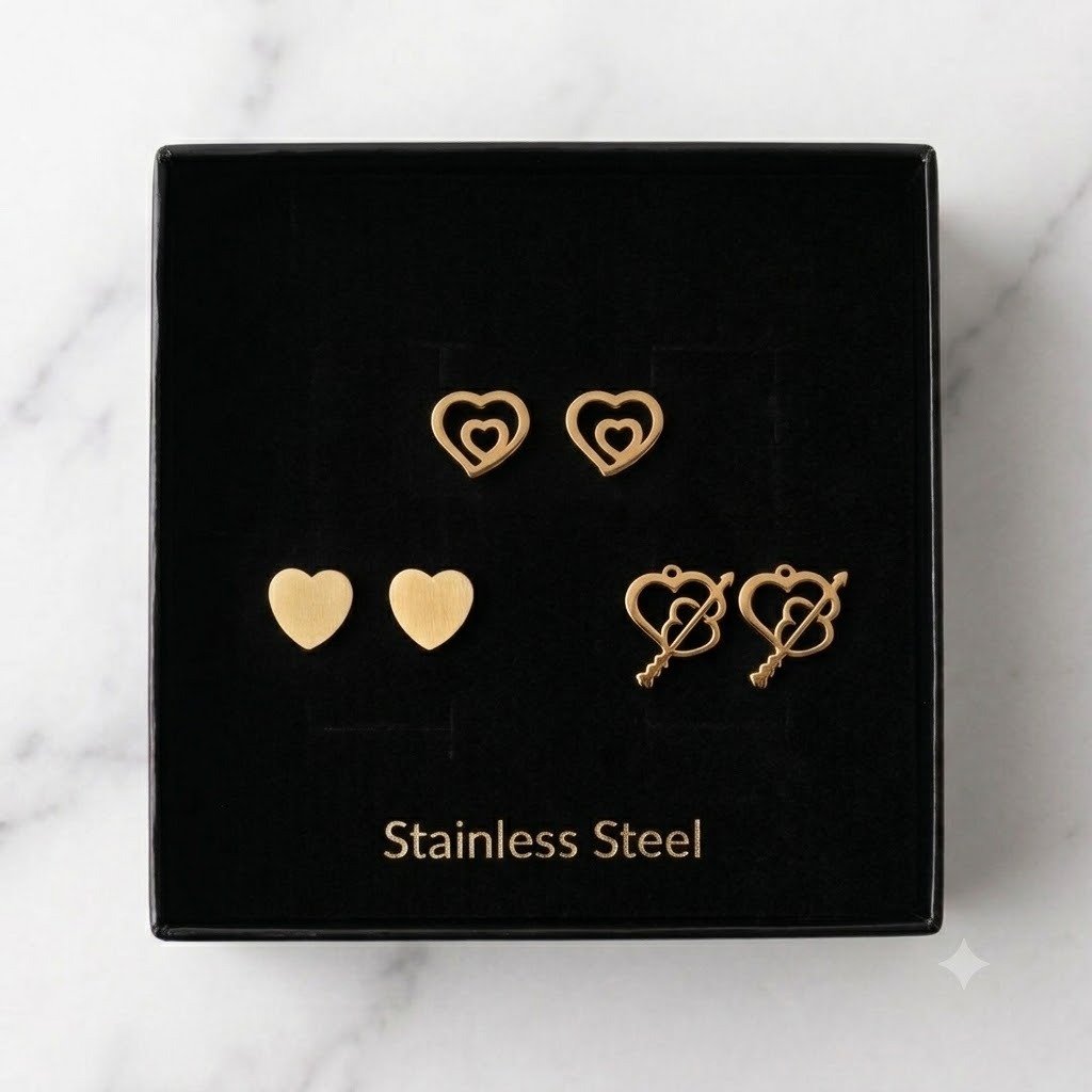 طقم حلقان نسائية ذهبية ستانلس ستيل Hypoallergenic Gold Stainless Steel Stud Earrings Set for Women طقم حلقان نسائية ذهبية ستانلس ستيل Hypoallergenic Gold Stainless Steel Stud Earrings Set for Women