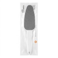 Forever Style double-sided foot file with a coarse grey emery surface and an ergonomic white plastic handle, sealed in clear retail packaging.