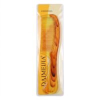 Daimeijia amber tortoise-shell patterned plastic hair comb with a curved, ergonomic handle, sealed in clear retail blister packaging with an orange background.