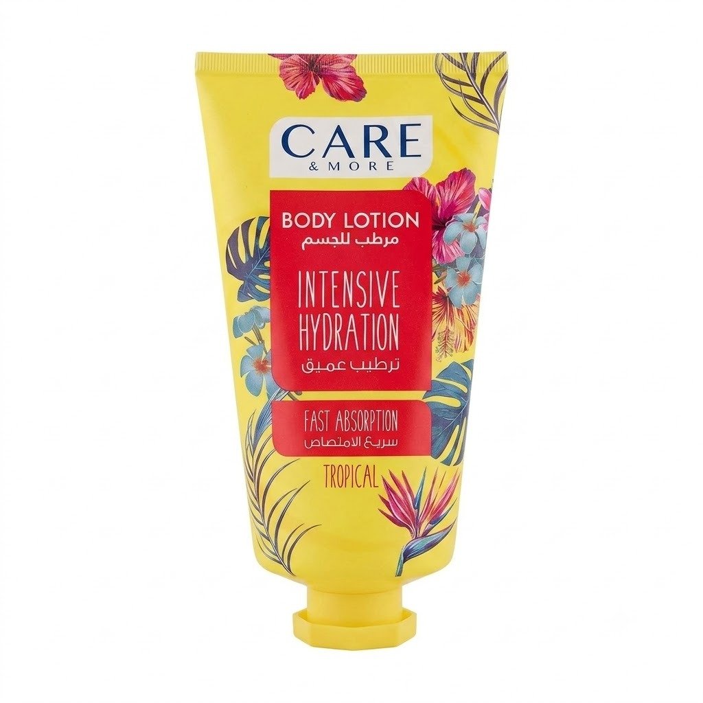لوشن كير آند مور للترطيب المكثف - متوفر بجميع الروائح المنعشة | Care & More Body Lotion لقطة أمامية واضحة لعبوة لوشن مرطب للجسم من براند كير آند مور (Care & More) باللون الأصفر المبهج، مخصصة للترطيب العميق وسريعة الامتصاص برائحة الفواكه الاستوائية (Tropical). تظهر العبوة بتصميم طولي ومزينة برسومات ملونة لزهور وأوراق نباتات استوائية مثل الهيبسكوس وعصفور الجنة، مستقرة على خلفية بيضاء سادة لتوضيح تفاصيل المنتج.