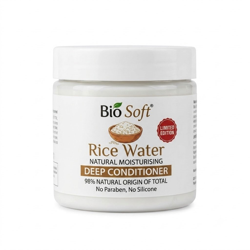 حمام كريم بيو سوفت بجوز الهند للترطيب العميق (خالي من السلفات) - Bio Soft Coconut Deep Conditioner Bio Soft Rice Water Natural Moisturising Deep Conditioner jar featuring a white label with a wooden bowl of rice graphic, a red "Limited Edition" seal, and "No Paraben, No Silicone" text on a white background.