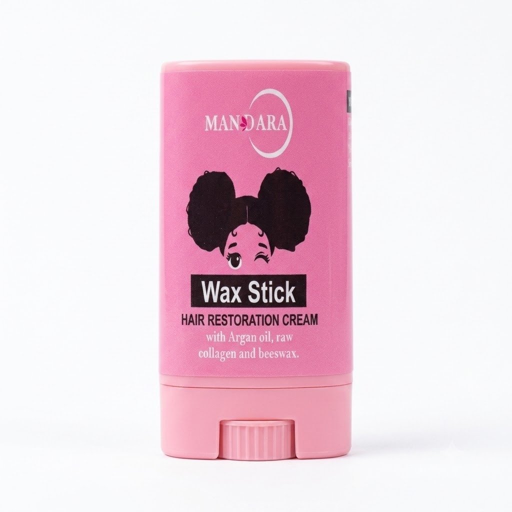 واكس ستيك ماندارا لتصفيف وتثبيت الشعر وترميمه Mandara Wax Stick (15 مل) Mandara Wax Stick Hair Restoration Cream and Styling (15ml) Mandara Hair Wax Stick and restoration cream in a pink push-up container with argan oil, raw collagen, and beeswax.