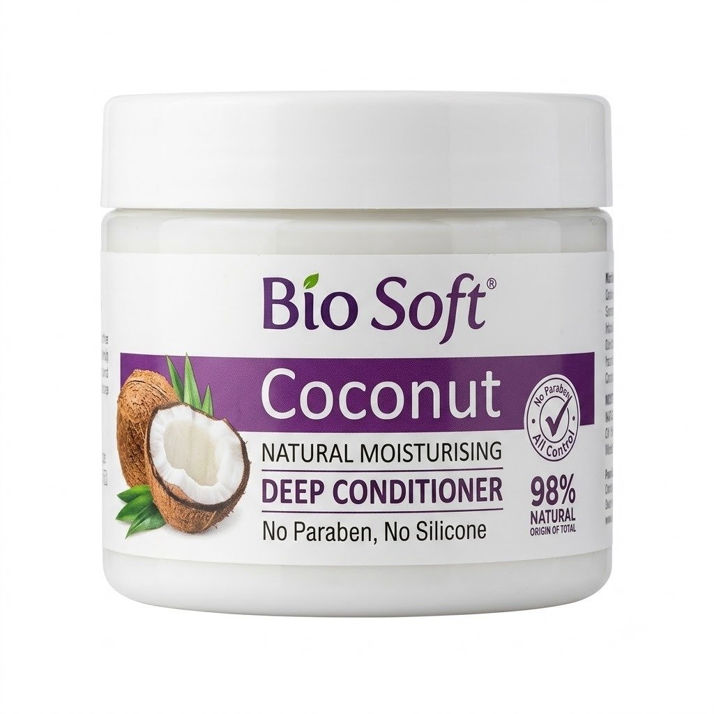 حمام كريم بيو سوفت بجوز الهند للترطيب العميق (خالي من السلفات) - Bio Soft Coconut Deep Conditioner Bio Soft Coconut Natural Moisturising Deep Conditioner jar featuring a purple central label, an illustration of whole and cracked coconuts with green leaves on the left, and "No Paraben, No Silicone" text on a white background.