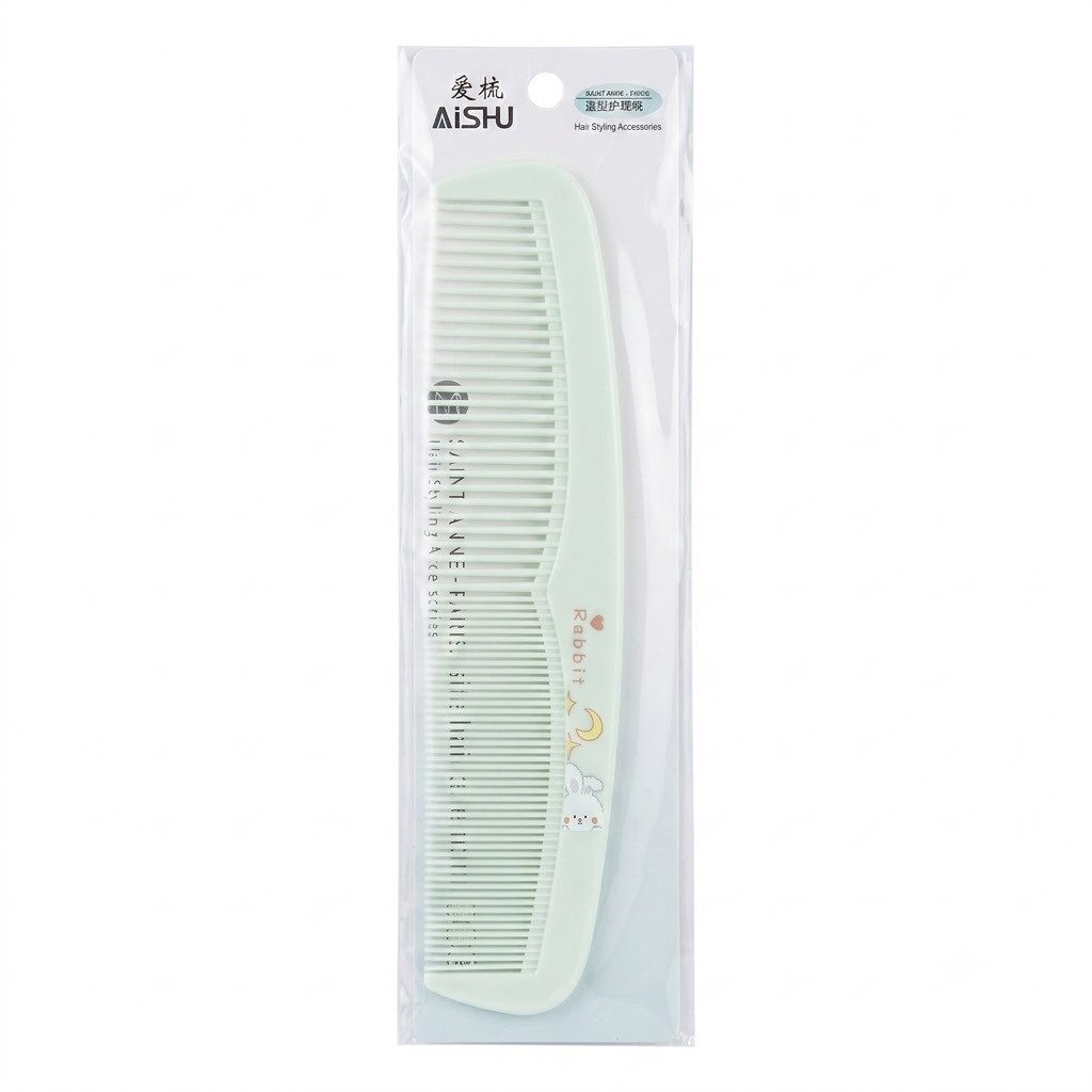 aishu-mint-green-dual-tooth-hair-comb-rabbit-design Aishu mint green plastic dual-tooth hair comb with standard and fine teeth, featuring a cute cartoon rabbit illustration on the spine, sealed in clear retail packaging.