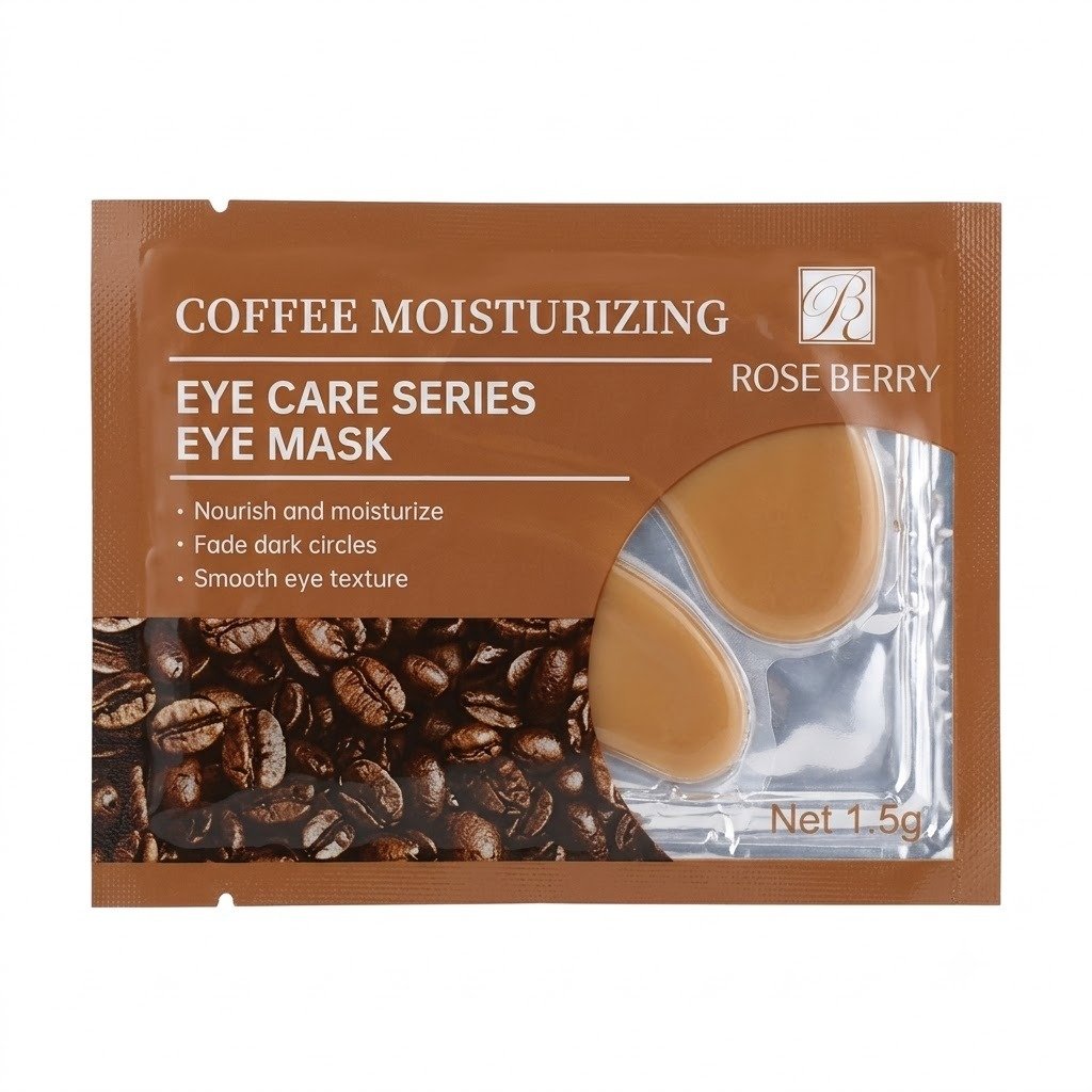 طقم ماسكات هيدروجيل للعناية بمحيط العينين من روز بيري Rose Berry - 4 أنواع متنوعة Rose Berry Eye Care Series Hydrogel Eye Mask Set - 4 Variants Rose Berry Coffee Moisturizing Eye Mask sachet featuring a roasted coffee bean graphic and a clear window showing the brown hydrogel patches.