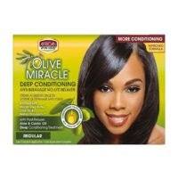 Home African Pride Olive Miracle Deep Conditioning Anti-Breakage No-Lye Relaxer box featuring a woman with straight black hair and olive graphics on a yellow and green background.