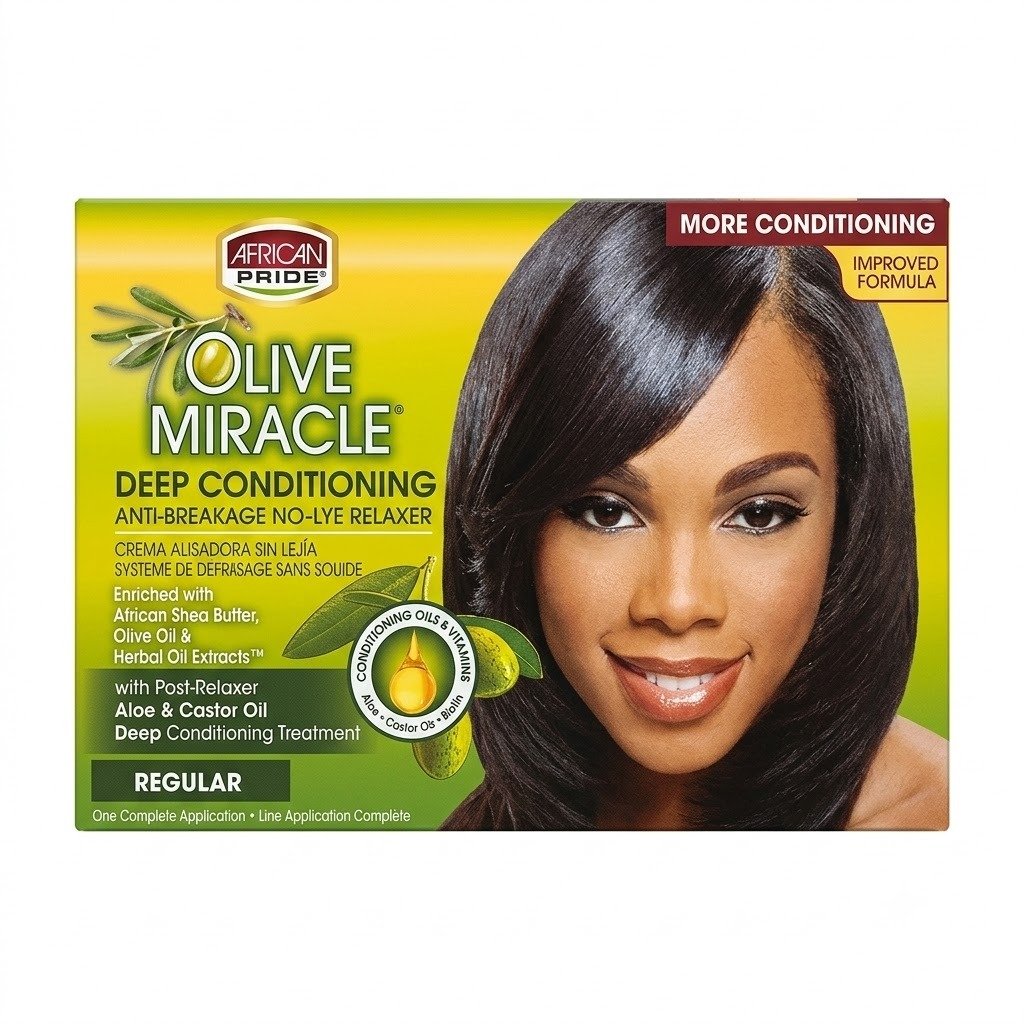 african-pride-olive-miracle-deep-conditioning-no-lye-relaxer-regular African Pride Olive Miracle Deep Conditioning Anti-Breakage No-Lye Relaxer box featuring a woman with straight black hair and olive graphics on a yellow and green background.