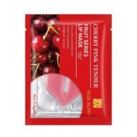 Rose Berry Cherry Pink Tender Fruit Series lip mask sachet with fresh cherries background illustration showing the pink hydrogel lip patch inside.
