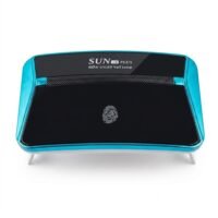 Home SUN 12 Plus 60W UVLED nail lamp with a metallic turquoise outer frame, a sleek black top panel featuring a fingerprint touch icon, and small white support legs on a white background.