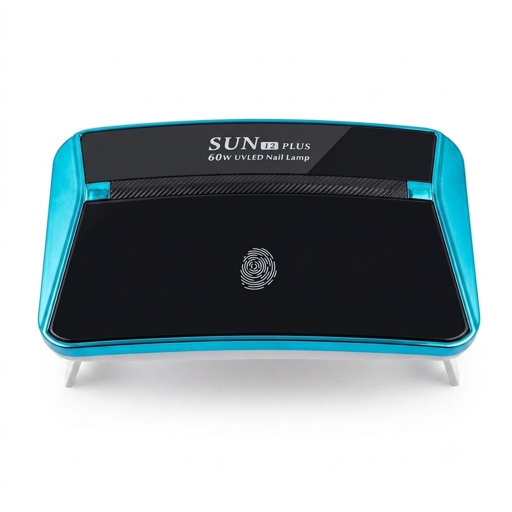 sun-12-plus-60w-uvled-nail-lamp-gel-dryer SUN 12 Plus 60W UVLED nail lamp with a metallic turquoise outer frame, a sleek black top panel featuring a fingerprint touch icon, and small white support legs on a white background.