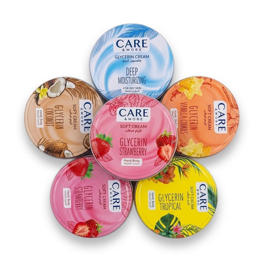 care-more-soft-cream-glycerin-all-variants-collection مجموعة كريمات مرطب كير اند مور بالجلسرين بمختلف الروائح والأنواع لليدين والجسم