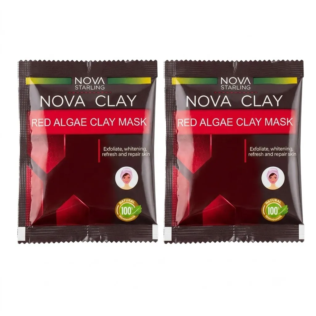 ماسك الطين بالطحالب الحمراء من نوفا كلاي - Nova Clay Red Algae Mask عبوتان من ماسك الطين بالطحالب الحمراء "نوفا كلاي" للعناية بالبشرة وتفتيحها، بخلفية بيضاء نظيفة.