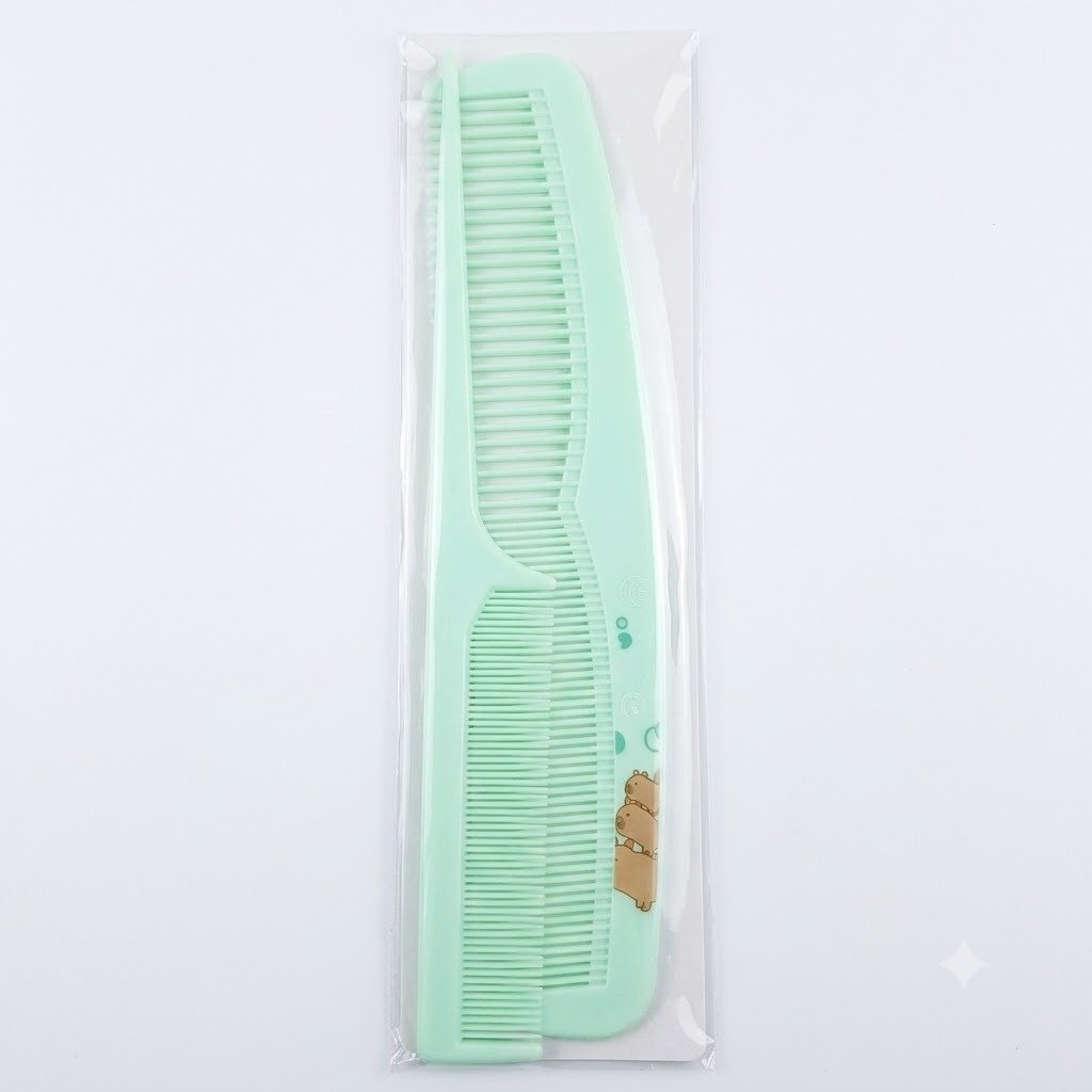mint-green-plastic-hair-comb-set-2-pack Two mint green plastic hair combs, including a dual-tooth styling comb and a fine-tooth tail comb, stacked together in clear protective packaging.