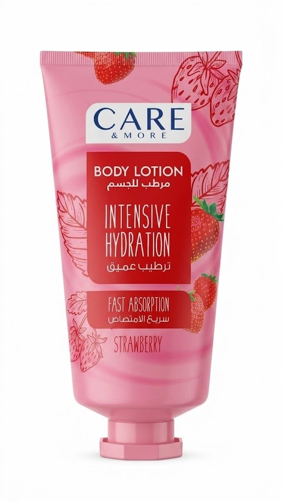 لوشن كير آند مور للترطيب المكثف - متوفر بجميع الروائح المنعشة | Care & More Body Lotion لقطة أمامية واضحة لعبوة لوشن مرطب للجسم من براند كير آند مور (Care & More) باللون الوردي (الروز) الناعم، مخصصة للترطيب العميق وسريعة الامتصاص برائحة الفراولة (Strawberry). تظهر العبوة بتصميم طولي ومزينة برسومات ملونة وحيوية لثمار الفراولة الطازجة مع أوراقها الخضراء، مستقرة في وضع عمودي على خلفية بيضاء سادة لتوضيح تفاصيل المنتج.