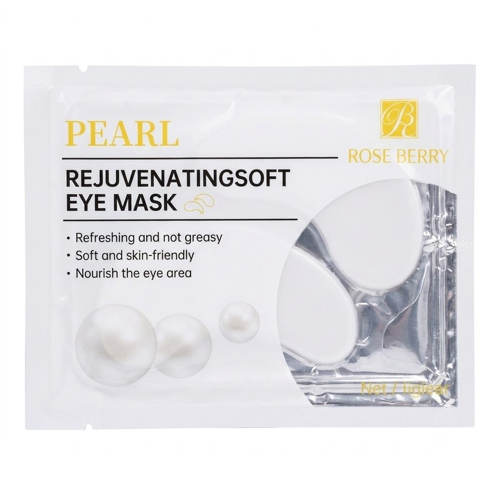طقم ماسكات هيدروجيل للعناية بمحيط العينين من روز بيري Rose Berry - 4 أنواع متنوعة Rose Berry Eye Care Series Hydrogel Eye Mask Set - 4 Variants Rose Berry Pearl Rejuvenating Soft Eye Mask sachet with white pearls illustration and a clear window showing the silver-white hydrogel patches.