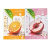 Two Kiss Beauty Serum Sheet Mask boxes displayed together, including the orange Shining and Ageless Vitamin C mask and the pink Hydrating Juicy Peach mask.