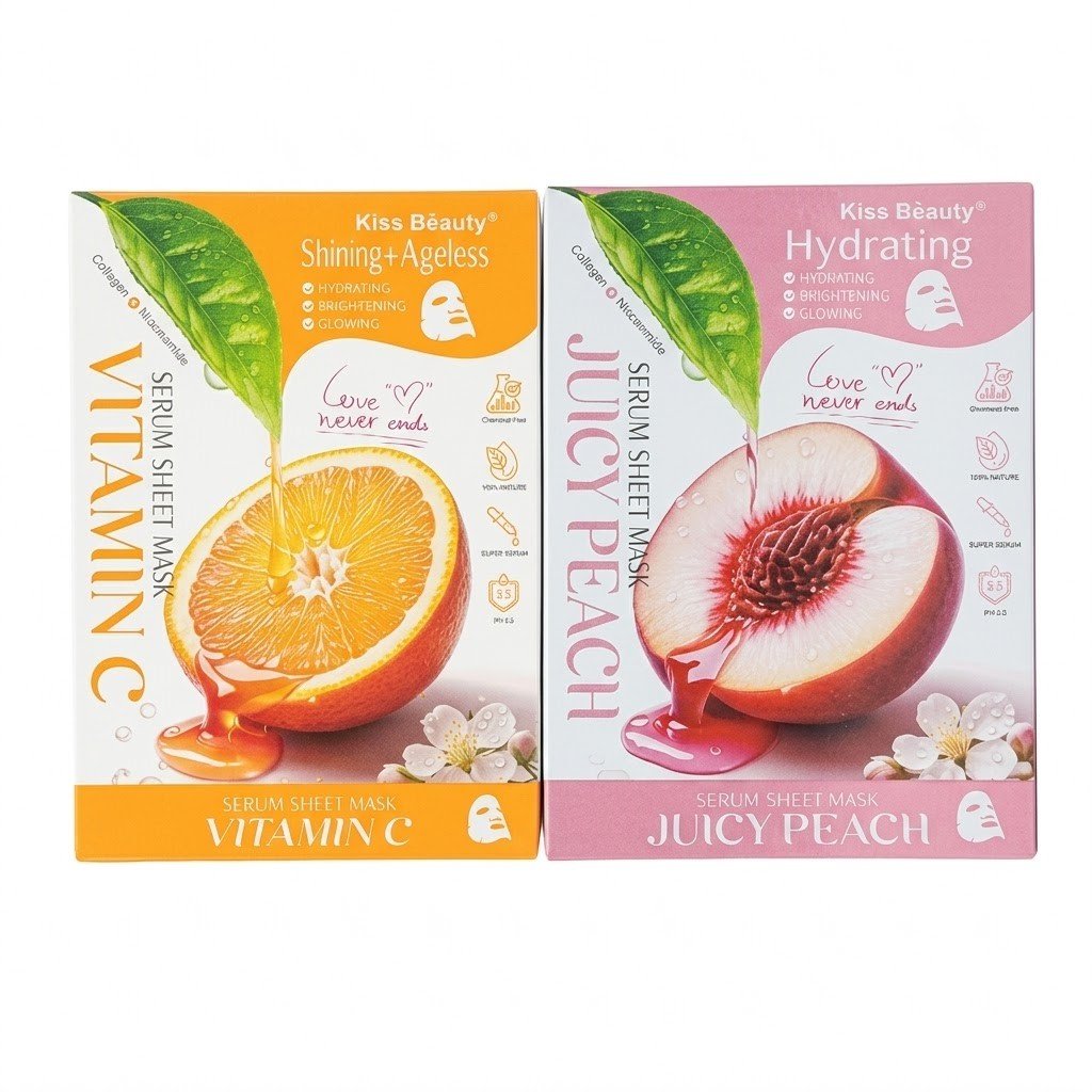 kiss-beauty-serum-sheet-mask-set-vitamin-c-juicy-peach Two Kiss Beauty Serum Sheet Mask boxes displayed together, including the orange Shining and Ageless Vitamin C mask and the pink Hydrating Juicy Peach mask.