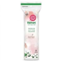 Velvet premium cotton square pads resealable pack featuring a 100 plus 20 free limited time offer sticker.