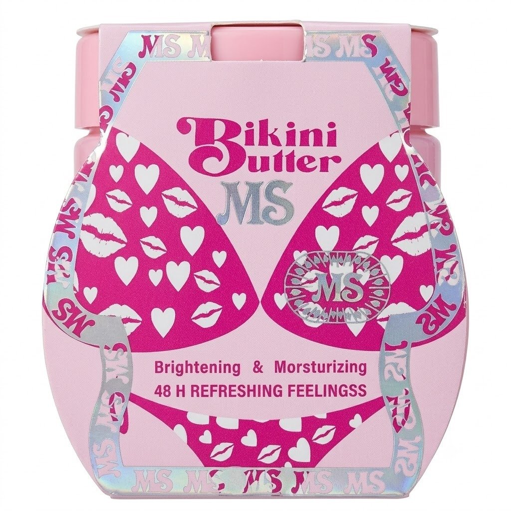 ms-bikini-butter-brightening-moisturizing-cream MS Bikini Butter Brightening and Moisturizing cream in a pink curved bottle featuring a hot pink bikini graphic pattern filled with white hearts and lip prints.