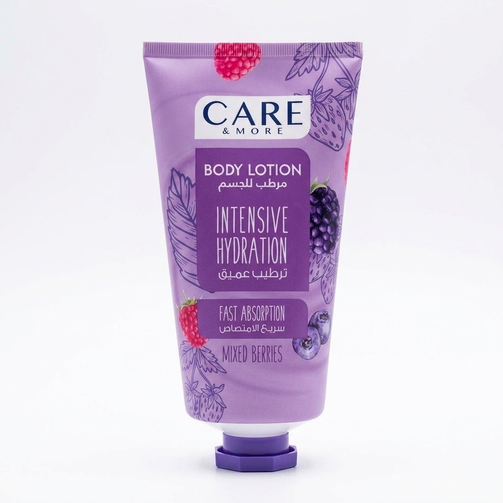 لوشن كير آند مور للترطيب المكثف - متوفر بجميع الروائح المنعشة | Care & More Body Lotion لقطة أمامية واضحة لعبوة لوشن مرطب للجسم من براند كير آند مور (Care & More) باللون البنفسجي (الموف) الجذاب، مخصصة للترطيب العميق وسريعة الامتصاص برائحة التوت المشكل (Mixed Berries). تظهر العبوة بتصميم طولي ومزينة برسومات ملونة وحيوية لثمار التوت الأسود، التوت الأحمر، والبلوبيري، مستقرة في وضع عمودي على خلفية بيضاء سادة لتوضيح كافة تفاصيل ومكونات المنتج.