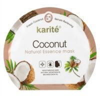 Karité Coconut Natural Essence Mask round packet featuring graphics of cracked coconuts and palm leaves on a white background with a metallic rose gold border.