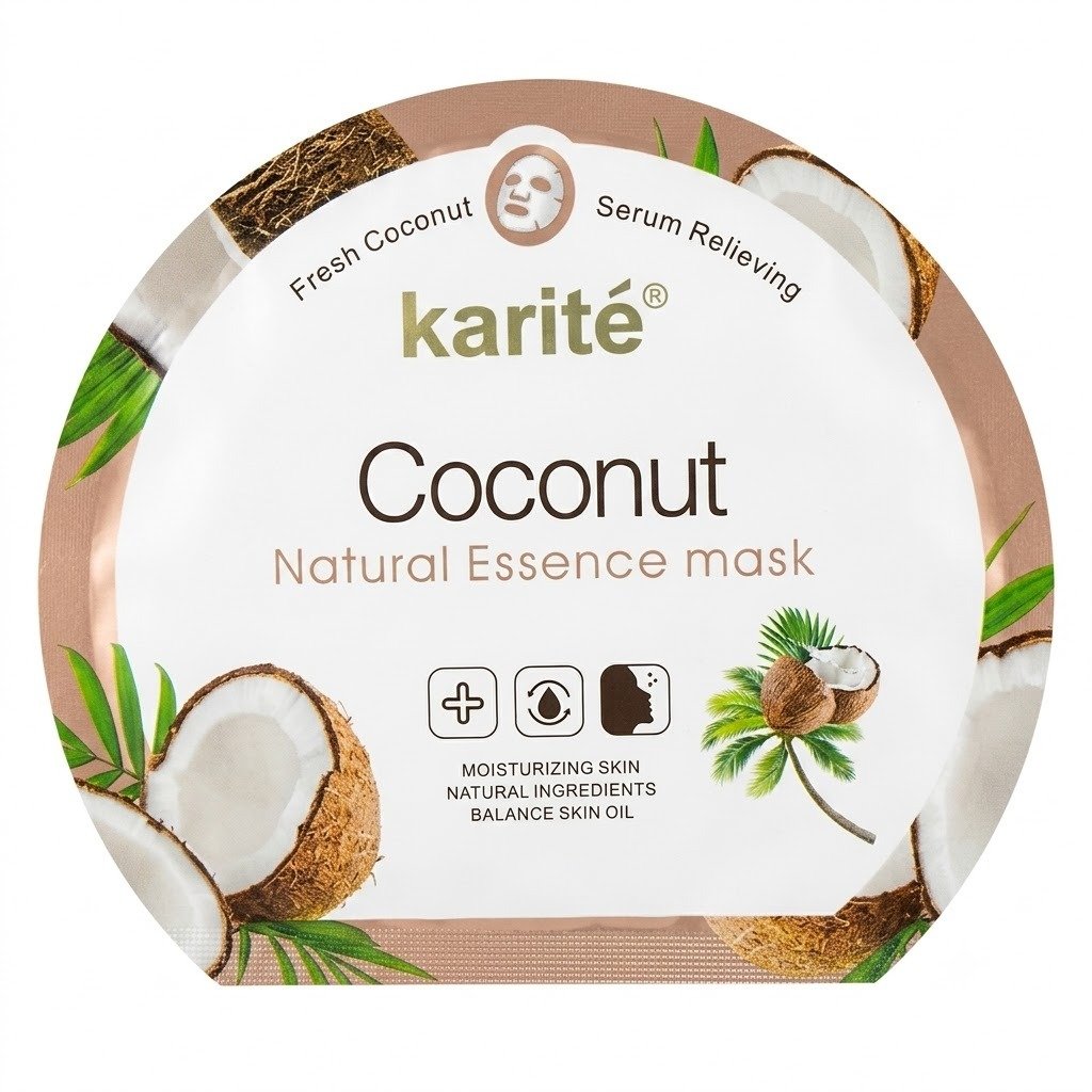 karite-coconut-natural-essence-mask-moisturizing Karité Coconut Natural Essence Mask round packet featuring graphics of cracked coconuts and palm leaves on a white background with a metallic rose gold border.