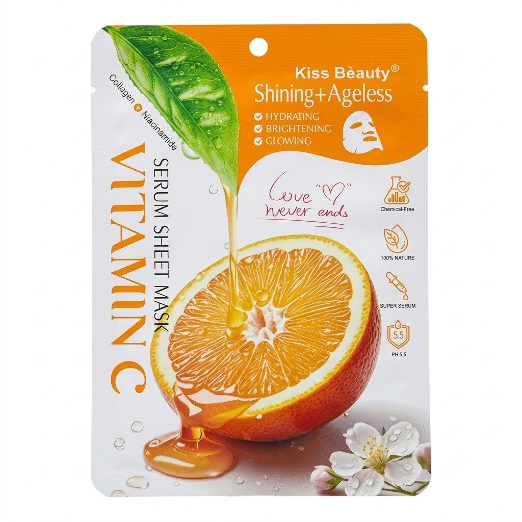 مجموعة ماسكات كيس بيوتي (Kiss Beauty) السيروم الورقية بنكهة الخوخ وفيتامين سي للنضارة والترطيب Kiss Beauty Serum Sheet Mask Set - Vitamin C & Juicy Peach for Brightening & Hydration Kiss Beauty Shining and Ageless Vitamin C Serum Sheet Mask packet featuring an orange slice graphic with dripping serum, a green leaf, and small white flowers on a white and orange background.