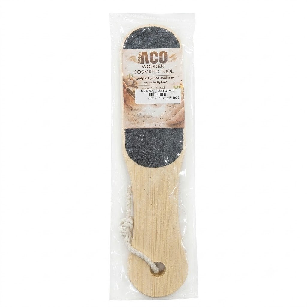 مبرد القدم الخشبي الاحترافي لإزالة الجلد الميت من آكو ACO ACO Wooden Foot File Cosmetic Tool for Pedicure ACO wooden foot rasp and professional pedicure file with black dual-sided sandpaper grit in a clear plastic sleeve.