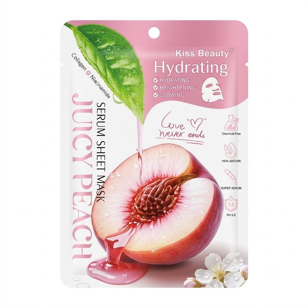 مجموعة ماسكات كيس بيوتي (Kiss Beauty) السيروم الورقية بنكهة الخوخ وفيتامين سي للنضارة والترطيب Kiss Beauty Serum Sheet Mask Set - Vitamin C & Juicy Peach for Brightening & Hydration Kiss Beauty Hydrating Juicy Peach Serum Sheet Mask packet featuring a sliced peach graphic with dripping pink serum, a green leaf, and small white blossoms on a white and pink background.